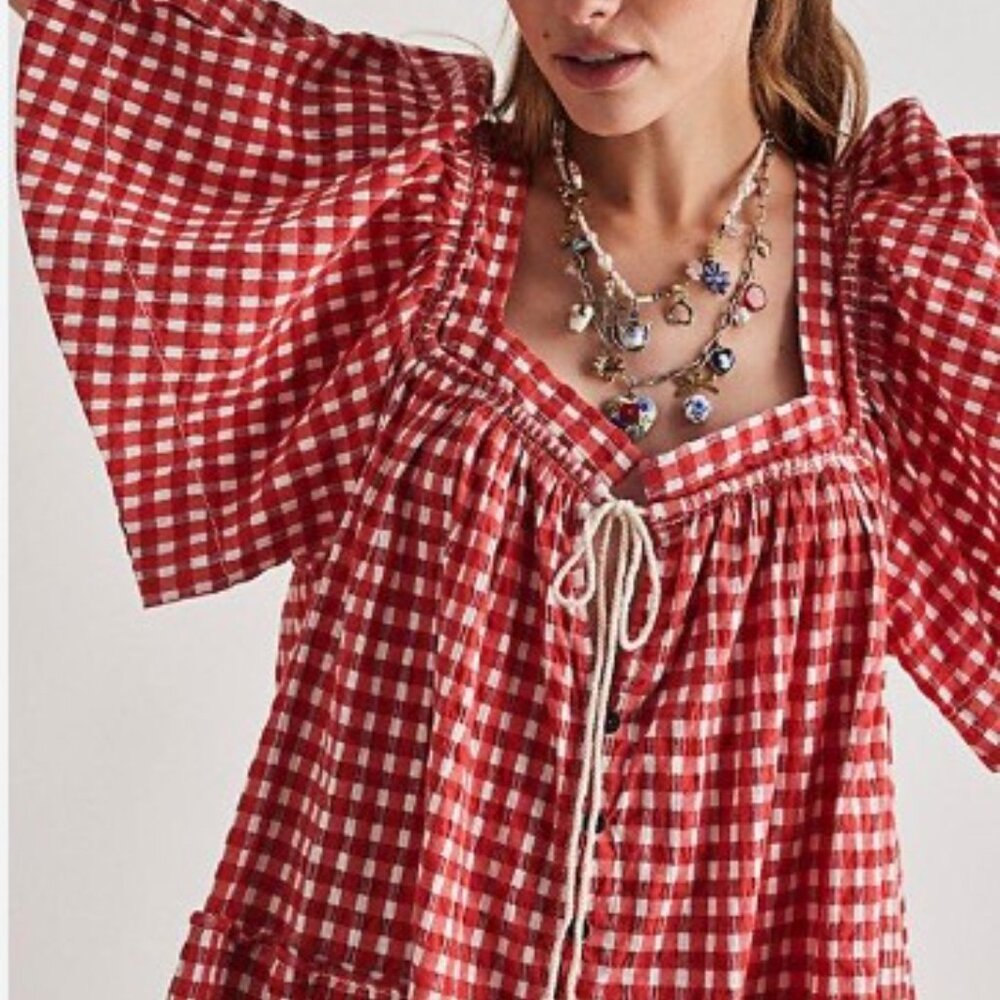 Free People Red Gingham Babydoll Mini Dress - Picture 3 of 6